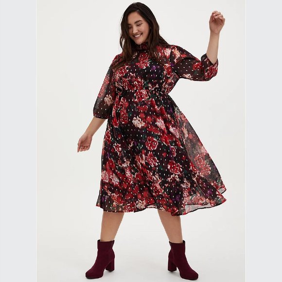 torrid Dresses & Skirts - Torrid Burgundy Purple Floral Chiffon Mock Neck Midi Dress Size 2